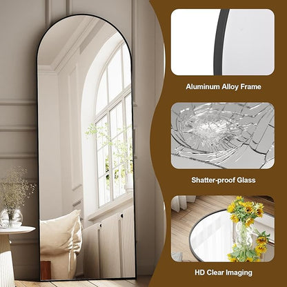 Full Body Mirror 26x71 inch Arched Full Length Mirror with Stand Aluminum Wall Mounted Hanging or Leaning Standing Mirrors,Black