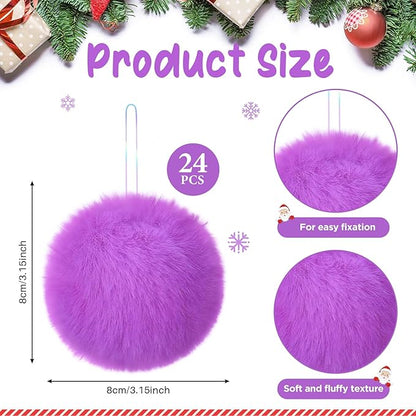 12Pcs Furry Christmas Ball Ornament for Xmas Tree Purple Soft Faux Fur Pom Pom Ball Ornaments Christmas Tree Hanging Decorations for Winter Party Home Decor Costume Supplies