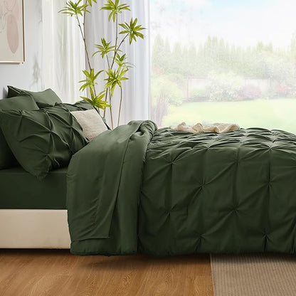 CozyLux Full Size Comforter Sets Olive Green, 7 Pieces Pintuck Bed in A Bag Green Comforter Full Size, Pinch Pleat Bedding Sets with All Season Comforter, Sheets, Pillowcases & Shams