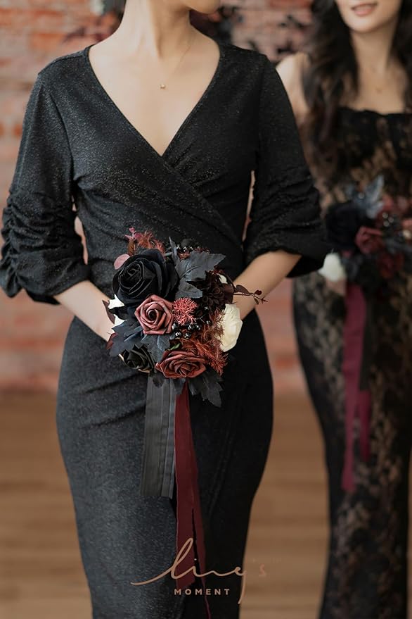 Ling's moment Artificial Flowers Gothic Bridesmaid Bouquet, Burgundy and Black Wedding Flowers Bouquets for Bridesmaids, 7 Inch Bridal Bouquets for Bridesmaids, Wedding, Ceremony, Anniversary, etc