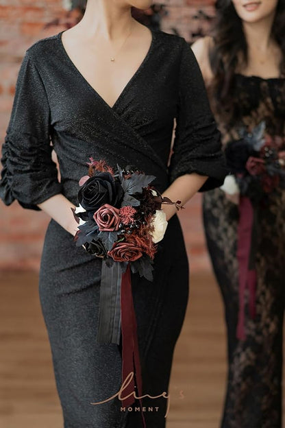 Ling's moment Artificial Flowers Gothic Bridesmaid Bouquet, Burgundy and Black Wedding Flowers Bouquets for Bridesmaids, 7 Inch Bridal Bouquets for Bridesmaids, Wedding, Ceremony, Anniversary, etc