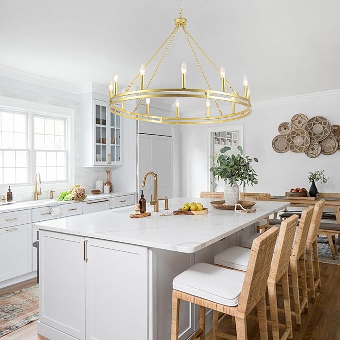 12-Light Wagon Wheel Chandelier 38 inch Large Gold Chandeliers for High Ceilings Round Farmhouse Gold Light Fixtures Over Table Rustic Hanging Light for Dining Room,Foyer,Living Room,Outdoor