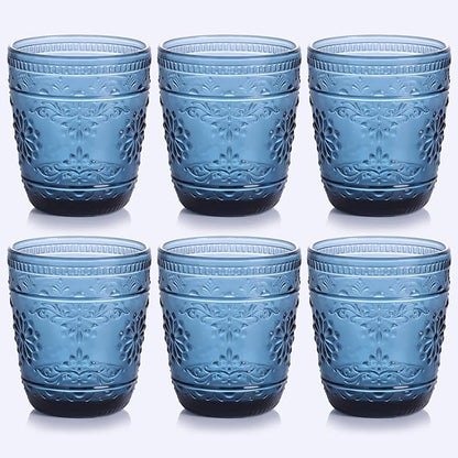 Blue Glassware set of 6, 10OZ Drinking Glasses, Blue Heavy Duty Glass Cups, Old Fashioned Glass, Embossed Glasses Set for Party Wedding Home Office Glassesware Gift