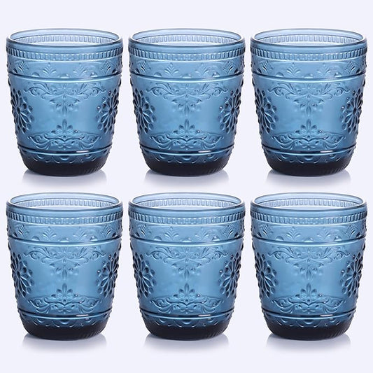 Blue Glassware set of 6, 10OZ Drinking Glasses, Blue Heavy Duty Glass Cups, Old Fashioned Glass, Embossed Glasses Set for Party Wedding Home Office Glassesware Gift