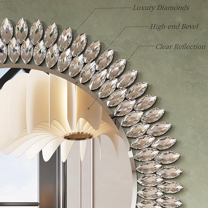 Kelly Miller Jeweled Mirror for Wall Mirror, 28 Inch Round Luxury Mirror with Sparkling Diamonds Beveled Modern Wall Decor for Bathroom, Living Room, Bedroom, Hallway