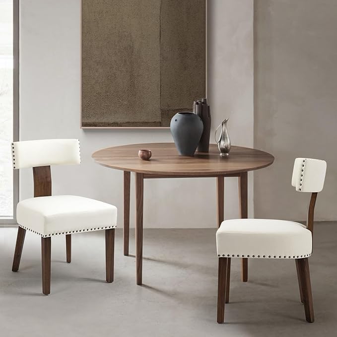 Upholstered Wooden Farmhouse Dining Chairs Set of 4, Mid-Century Modern Fabric Dining Room Chairs with Wood Legs, Curved Backrest Kitchen Armless for Living Room, Beige