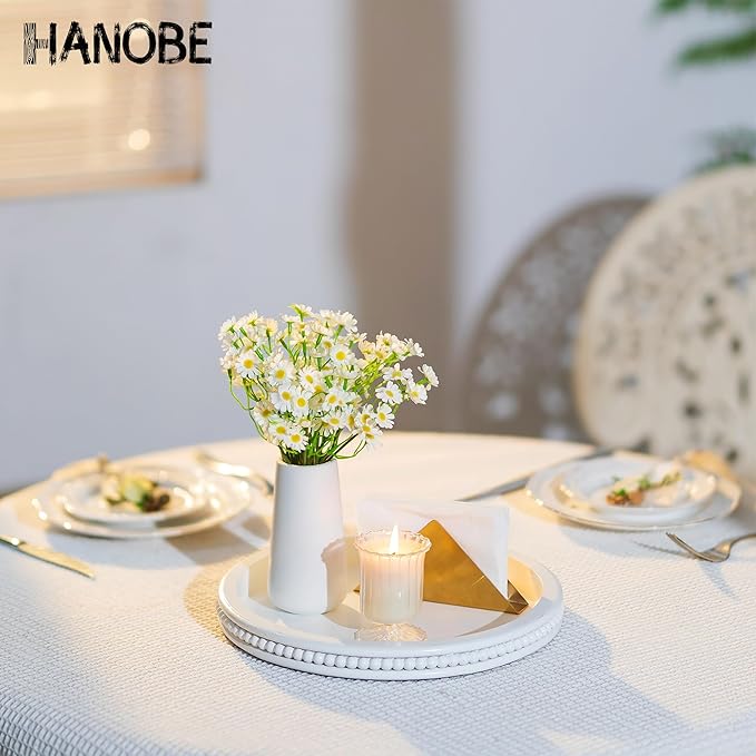 Hanobe Decorative Tray: White Beaded Round Serving Tray Modern Farmhouse Wooden Circle Centerpiece Tray Decor for Home Living Dining Room Kitchen Counter Bathroom