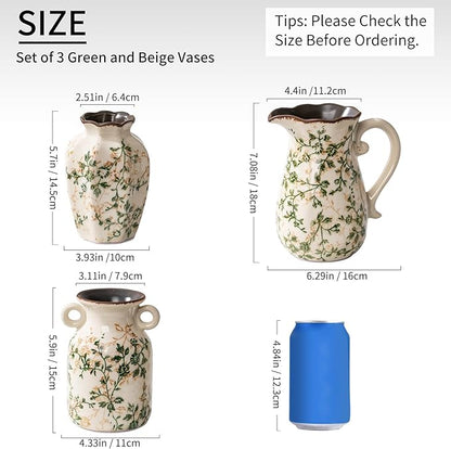 Ceramic Vases Set of 3, Green & Beige Chinoiserie Flower Pitcher Vase, Farmhouse Vintage Floral Vase Home Decor for Mantle, Fireplace, Kitchen Counter, Living Room Bookshelf Rustic Table Centerpiece