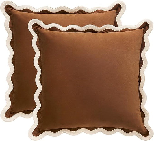 MONDAY MOOSE Decorative Throw Pillow Covers Cushion Cases, Set of 2 Soft Velvet Scalloped Wavy Edge Designs, Mix and Match for Home Decor, Pillow Inserts Not Included (Beige/Brown, 16x16 inch)
