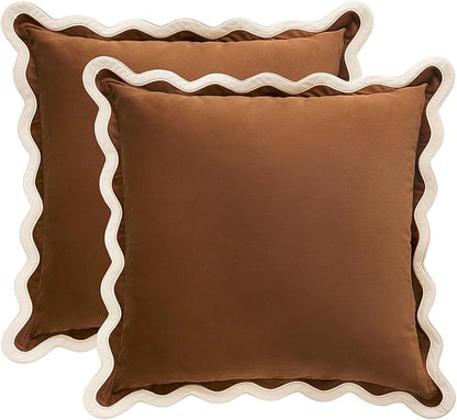 MONDAY MOOSE Decorative Throw Pillow Covers Cushion Cases, Set of 2 Soft Velvet Scalloped Wavy Edge Designs, Mix and Match for Home Decor, Pillow Inserts Not Included (Beige/Brown, 20x20 inch)