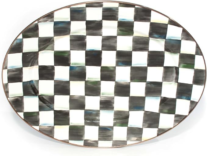 MACKENZIE-CHILDS Enamel Oval Platter, Serving Plate for Entertaining, Medium, Black-and-White Courtly Check