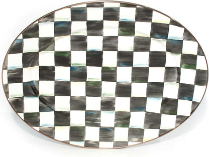 MACKENZIE-CHILDS Enamel Oval Platter, Serving Plate for Entertaining, Medium, Black-and-White Courtly Check
