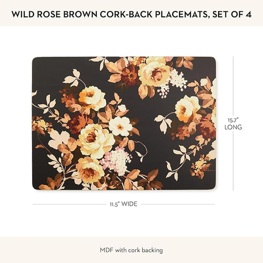MACKENZIE-CHILDS Set of 4 Cork-Back Placemats, Hard-Finish Table Mats, Mocha Wild Rose