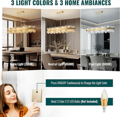 Siljoy Modern Crystal Chandelier, 20-Light Luxury Rectangular Brushed Gold Crystal Chandelier Lighting, Large Oval 2-Tier K9 Crystal Pendant Ceiling Light for Dining Living Room Kitchen Island, L52''