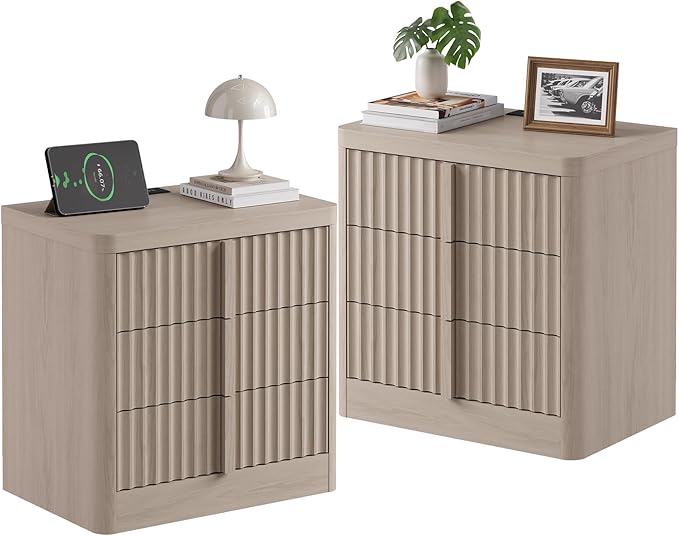 Fluted Nightstand Set of 2 with Charging Station, 23.6" Wood End Table with Solid Wood Handle, Mid Century Moden Bedside Table for Bedroom, Living Room, White Alder