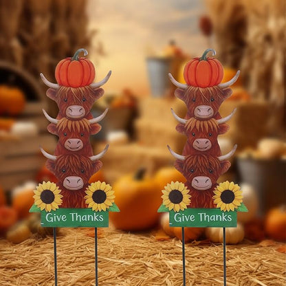 Thanksgiving Outdoor Decorations 39.3" with GIve Thanks Sign and Sunflowers, Large Highland Cow Fall Garden Stakes for Yard Lawn, and Autumn Harvest Decorations