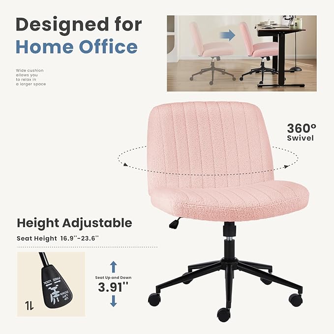 DUMOS Criss Cross Chair with Wheels, Wide Cross Legged Desk Vanity Chairs, Armless Adjustable Swivel Chairs for Home Computer Task, Teddy Pink