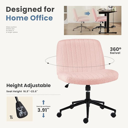 DUMOS Criss Cross Chair with Wheels, Wide Cross Legged Desk Vanity Chairs, Armless Adjustable Swivel Chairs for Home Computer Task, Teddy Pink