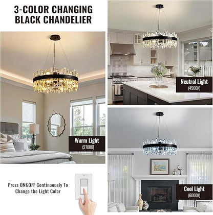 Siljoy 23.6'' Modern Crystal Chandelier, Luxury 2-Tiers Raindrop K9 Crystal Adjustable Flush Mount Hanging Ceiling Light for Dining Living Room Kitchen Entryway Foyer, E12 x 12, Matte Black