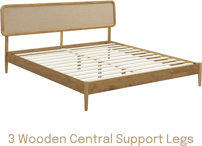 NTC Lupin Wooden Bed Frame with Headboard, Solid Oak and Rubber Wood Foundation with Silent Slats and Wood Central Supports, 1000 Lb Capacity, King - Teak Look