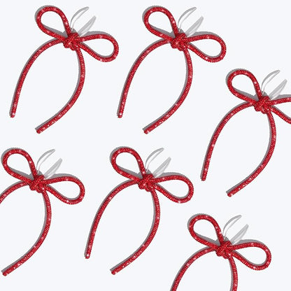 FLAIR GIFTS 6 Pcs 4.3" x 6" 2025 Christmas Red Bows for Tree Decor, Sparkly Glitter Rhinestone Bow Ornaments with Twist Tie for Xmas Decoration, Wreath, Garland, Gift Wrapping