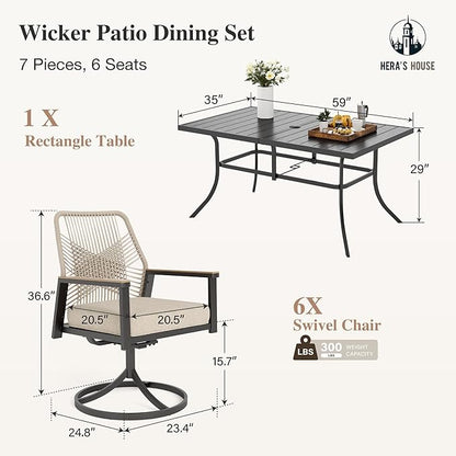 HERA'S HOUSE 7 Pieces Patio Table and Chairs Set, Outdoor Dining Set for 7, Patio Dining Set of 6 Cushioned Woven Rattan Patio Swivel Chairs and 1 Black Metal Table with Umbrella Hole for Lawn