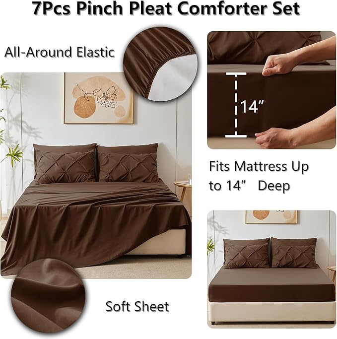 CozyLux Full Size Comforter Sets Brown, 7 Pieces Pintuck Bed in A Bag Brown Comforter Full Size, Pinch Pleat Bedding Sets with All Season Comforter, Sheets, Pillowcases & Shams