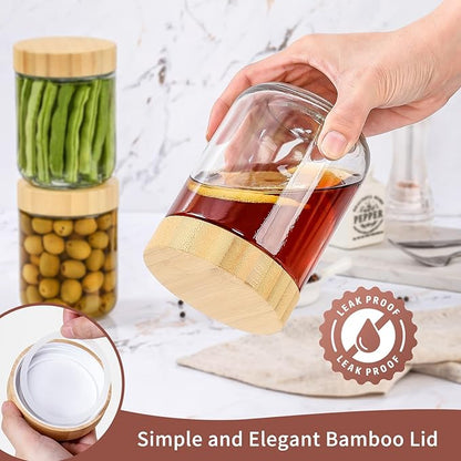 DRKIO 16 Oz Overnight Oats Containers with Bamboo Lids - 4 Pack Glass Storage Jars with Airtight Lids Wide Mouth Mason Food Jars Great for Meal Prep Salad Chia Pudding Snacks Yogurt Sugar Spice Cereal