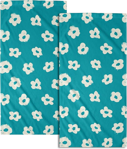Modern Style Kitchen Towels Set of 2 Aqua Floral Quick Dry Microfiber Dish Towels
