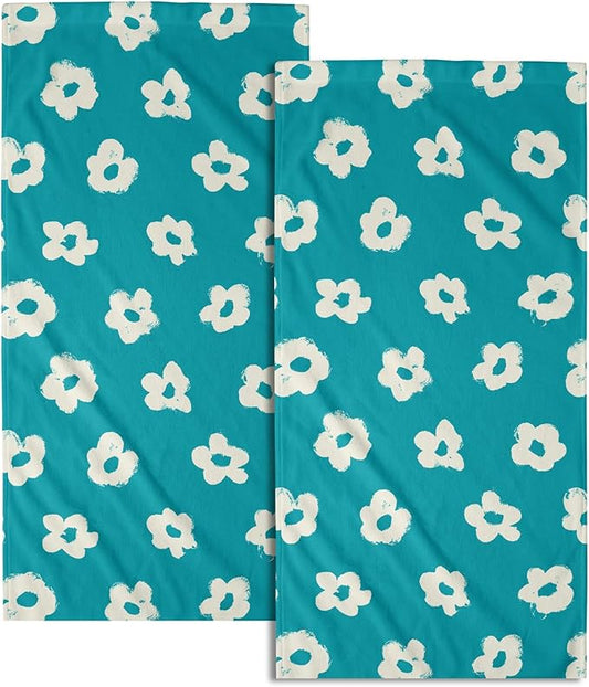 Modern Style Kitchen Towels Set of 2 Aqua Floral Quick Dry Microfiber Dish Towels