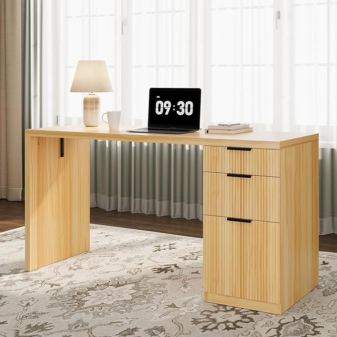 FURSUN 58" Modern Executive Desk with Storage, Home Office Desk with Drawer & Cabinet, Wooden Fluted Desk for Study, Living Room, Bedroom, Natural Oak