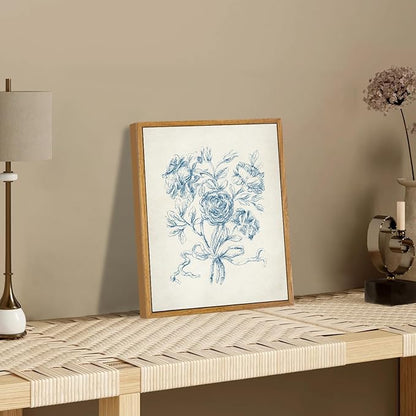 KBKBART Framed Floral Wall Art, Vintage Blue Rose Bouquet Sketch Canvas Oil Painting, Antique Victorian Wall Decor, Minimalist Bedroom Wall Art Aesthetic, Neutral Flower Art Prints for Bedroom Living Room, Gallery, Gifts for Friends or Family(9"x12")