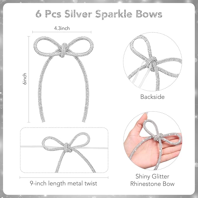 FLAIR GIFTS 6 Pcs 4.3" x 6" 2025 Christmas Bows for Tree Decor, Silver Sparkly Glitter Rhinestone Bow Ornaments with Twist Tie for Xmas Decoration, Wreath, Garland, Gift Wrapping