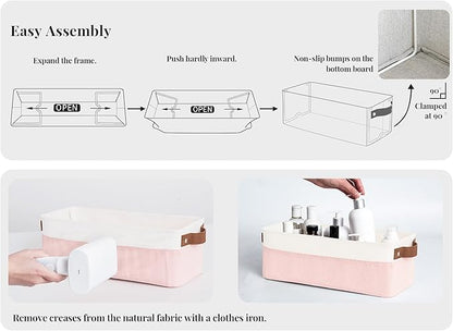 StorageWorks Narrow Storage Bins, Small Basket for Closet and Shelves, Fabric Organizer with Handles, Toilet Paper Storage, Pink and White, 2-Pack
