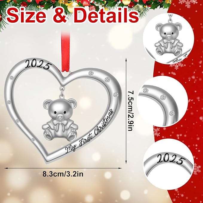 Baby’s First Christmas Ornament 2025 for Boy Girl, My First Christmas Ornament with Teddy Bear, Babys 1st Christmas’S Ornaments 2025 Metal Hanging for Newborn Xmas Tree Decoration Gift