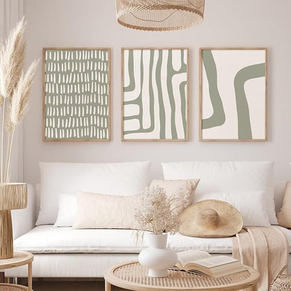 Minimalist Neutral Wall Art Decor Sage Green Boho Canvas Poster Abstract Modern Painting Wall Art Mid Century Beige Pictures Prints Gallery Line Wall Art for Bedroom 16x24 Inch Unframed Set of 3