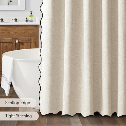 MIULEE 84" Long Scalloped Shower Curtain Linen Textured with 12 Metal Hooks Cute Extra Long Heavy Duty Washable Waterproof Cloth Shower Curtains with Black Border for Bathroom Hotel Bathtub,Beige