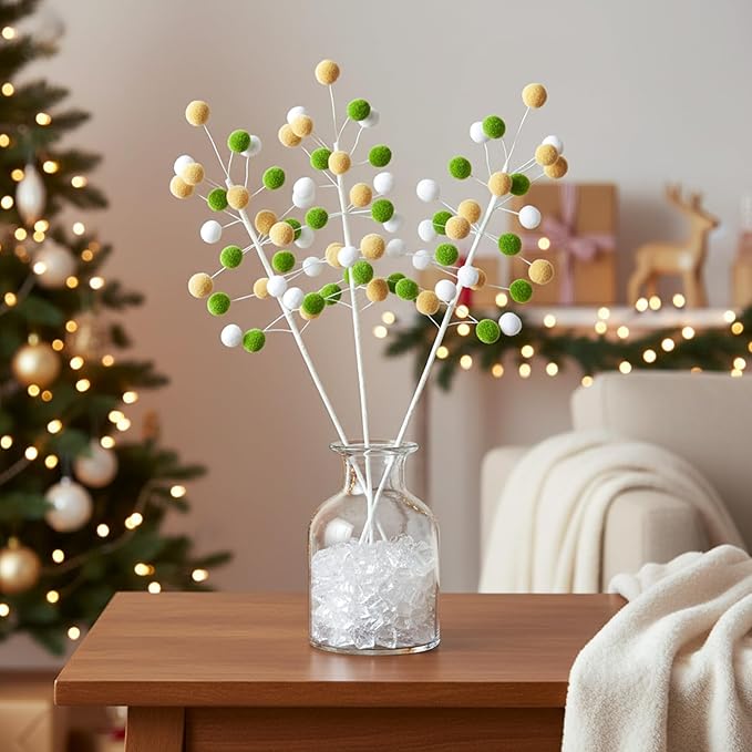 6 Pcs Green Khaki Pom Poms Christmas Decorations & Felt Christmas Picks and Sprays DIY Xmas Tree Toppers, Festive Tree Filler & Decor (KhakiGreen)