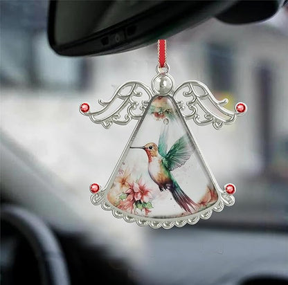 XUTAI Lovely Hummingbird and Pink Flowers Angel Christmas Tree Ornaments Pink Flower Christmas Ornament Glass Christmas Hanging Angel Glass Pendant for Holiday Decoration