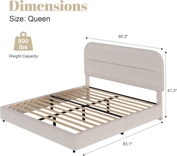 Full Size Boucle Bed Frame, Upholstered Cloud Bed with Headboard Soft,Modern Style/Thickened Footboard/Rounded Corners Design/No Box Spring Required/Easy Assembly, Beige