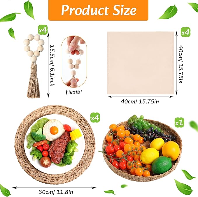 4 Sets Boho Placemats Round Woven Placemats, Cloth Napkins, Wood Bead Napkin Rings, Long Table Runner and Farmhouse Rustic Natural Burlap Cotton for Kitchen Table Home (Green)