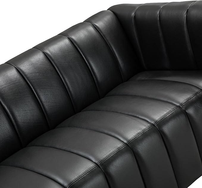HULALA HOME 83" Genuine Leather Sofa with Channel Tufted Design, 3-Seater Sofa for Living Room Bedroom, Modern Oversized Couch with Wood Legs, Black