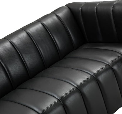 HULALA HOME 83" Genuine Leather Sofa with Channel Tufted Design, 3-Seater Sofa for Living Room Bedroom, Modern Oversized Couch with Wood Legs, Black