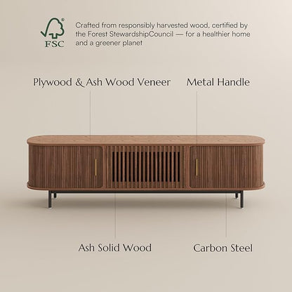 POVISON Fully-Assembled Mid Century Modern TV Stand for 75 inch TV, Sliding Door Entertainment Center with Storage, Wood TV Console, Media Console for Living Room Bedroom(Walnut, 78.74")