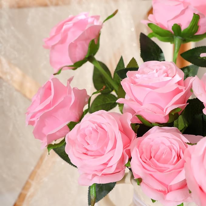 Nubry 50pcs Artificial Silk Roses Bulk,Fake Roses Flower with Stems Realistic Flowers for Wedding Centerpiece Home Party Decor(Pink)