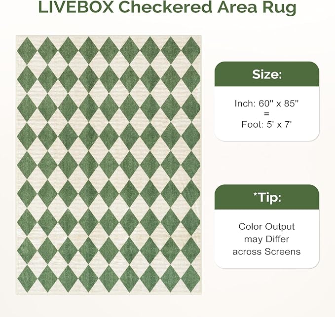 LIVEBOX 5x7 Checkered Rugs for Living Room, Washable Diamond Green Rug Non-Slip Modern Neutral Geometric Plaid Area Rugs for Bedroom, Low Pile Farmhouse Carpet for Office Kids Room Classroom Dorm