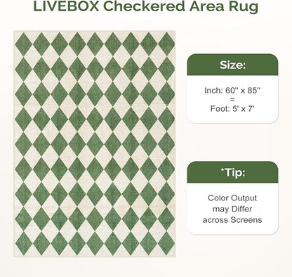 LIVEBOX 5x7 Checkered Rugs for Living Room, Washable Diamond Green Rug Non-Slip Modern Neutral Geometric Plaid Area Rugs for Bedroom, Low Pile Farmhouse Carpet for Office Kids Room Classroom Dorm