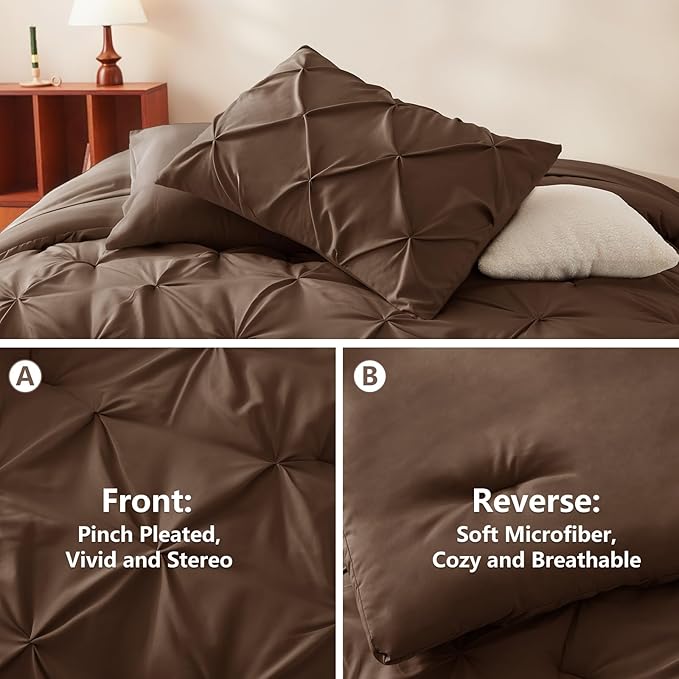 CozyLux Queen Comforter Set Brown, 7 Pieces Pintuck Bed in A Bag, Premium Brown Comforter Queen Size, Pinch Pleat Bedding Sets with Comforter, Sheets, Pillowcases & Shams
