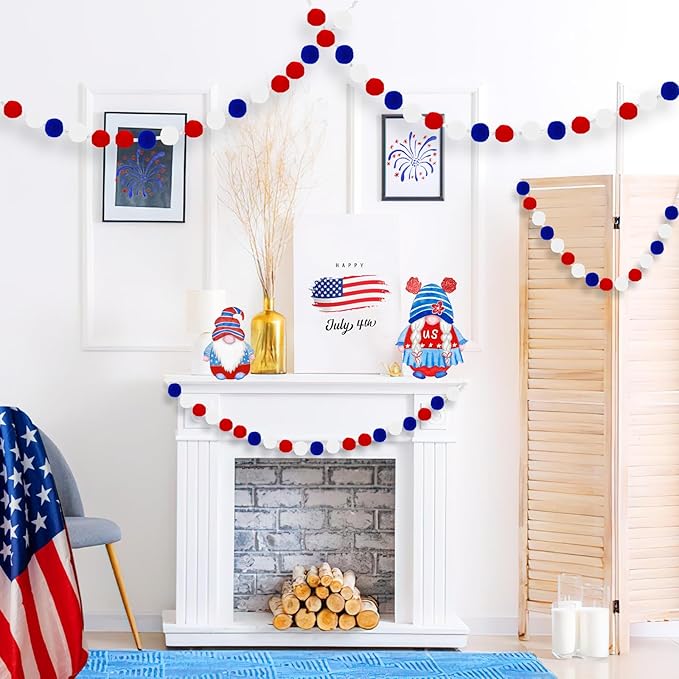 MARFOREVER 4 Pack 26.3 Feet 4th of July Pom Pom Garland Decorations, Red White Blue 30 Balls Independence Day Felt Ball Garland Patriotic Hanging Supplies for Memorial Day Labor Day Party Home Decor