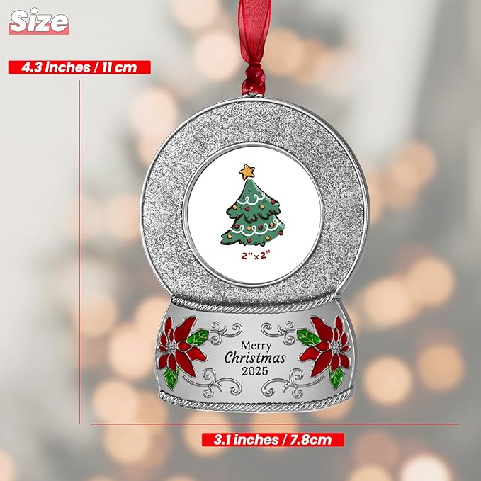 2025 Christmas Ornaments 2 inch Picture Frame Metal Hanging Pendant for Tree Small Decorative Keepsake, Display Photo for Baby and Pet (Crystal Ball Silver(2025))